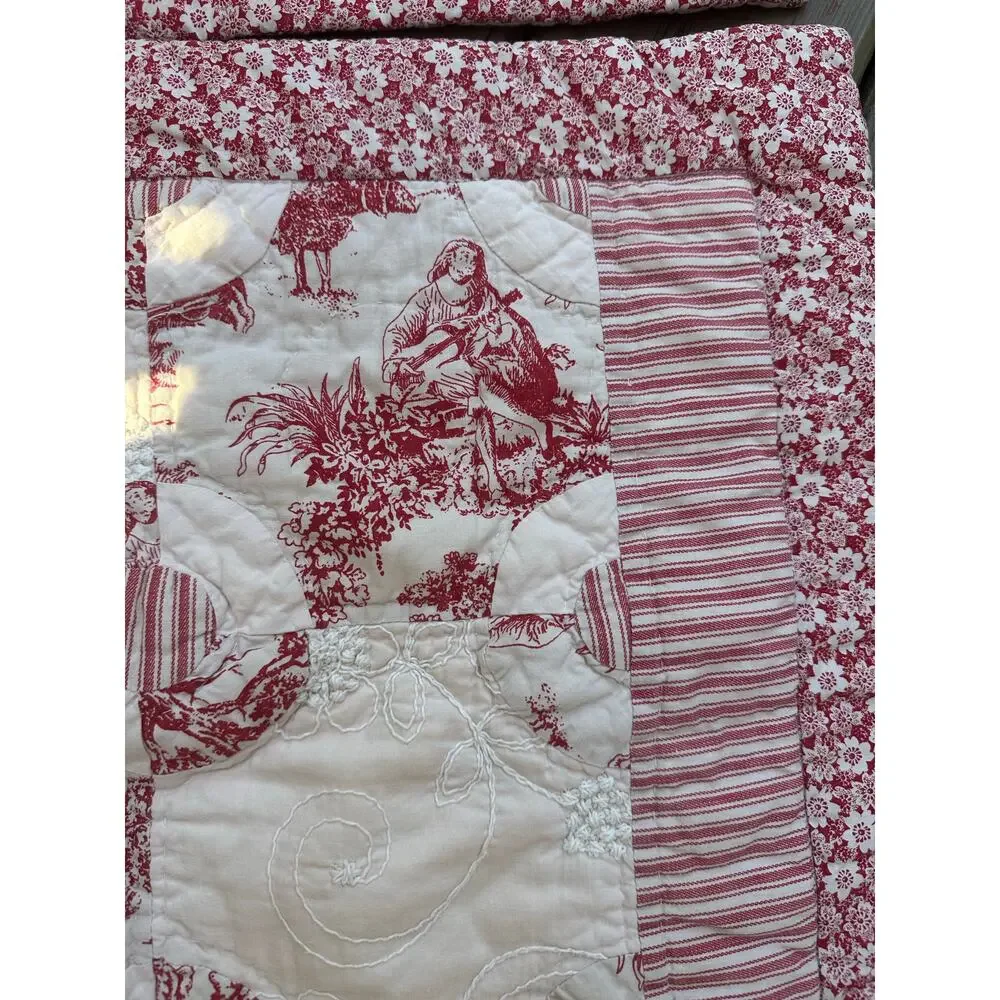 French country Toile quilted pillow shams red white reversible standard set 2